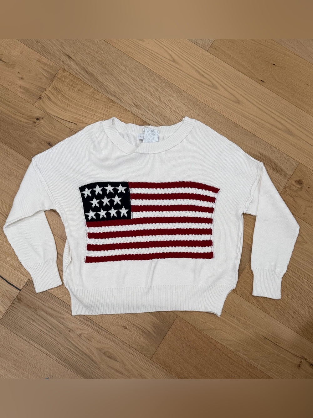 Miracle White Crewneck Sweater with Red & Navy Flag Motif
